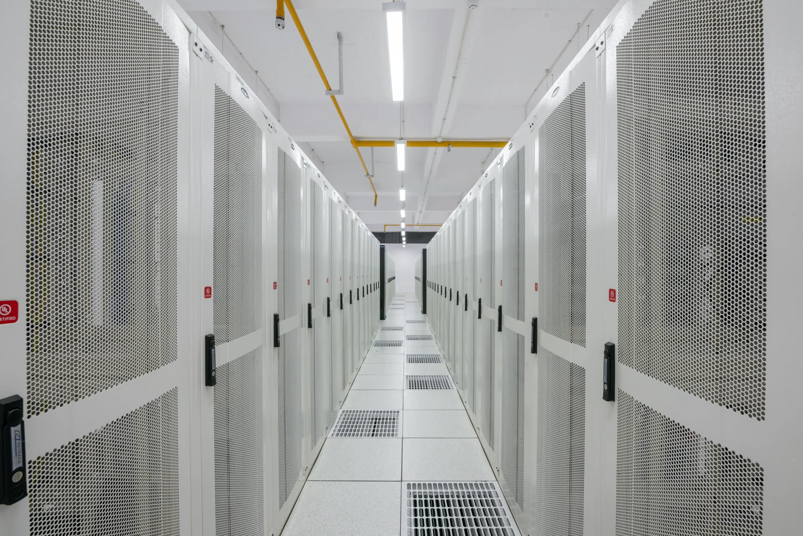 Data-storage racks at Pi Data Centers, photographed in August 2021. Illustrative industry photograph.