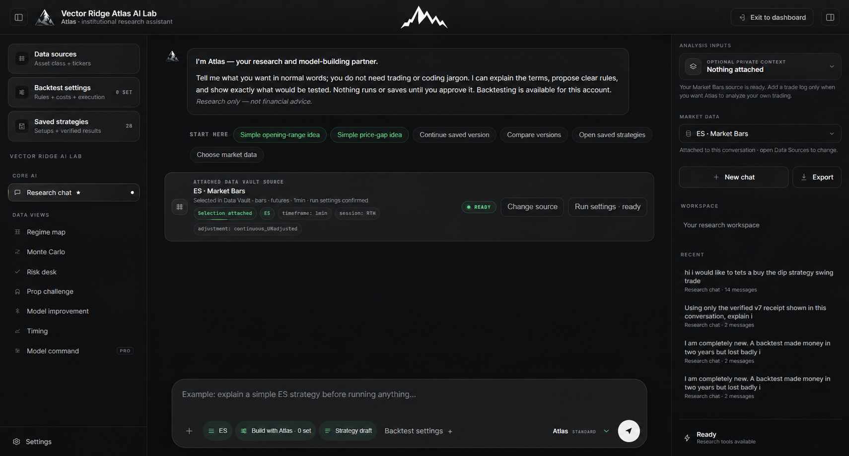 Vector Ridge Atlas AI research workspace with a structured strategy conversation and evidence panel