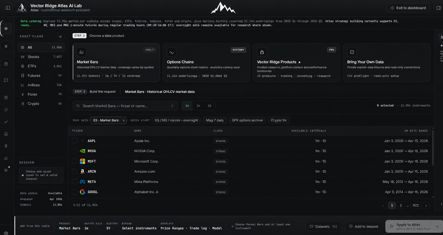 Vector Ridge Data Vault showing market-data inventory, filters, coverage and the Apply to Atlas AI workflow